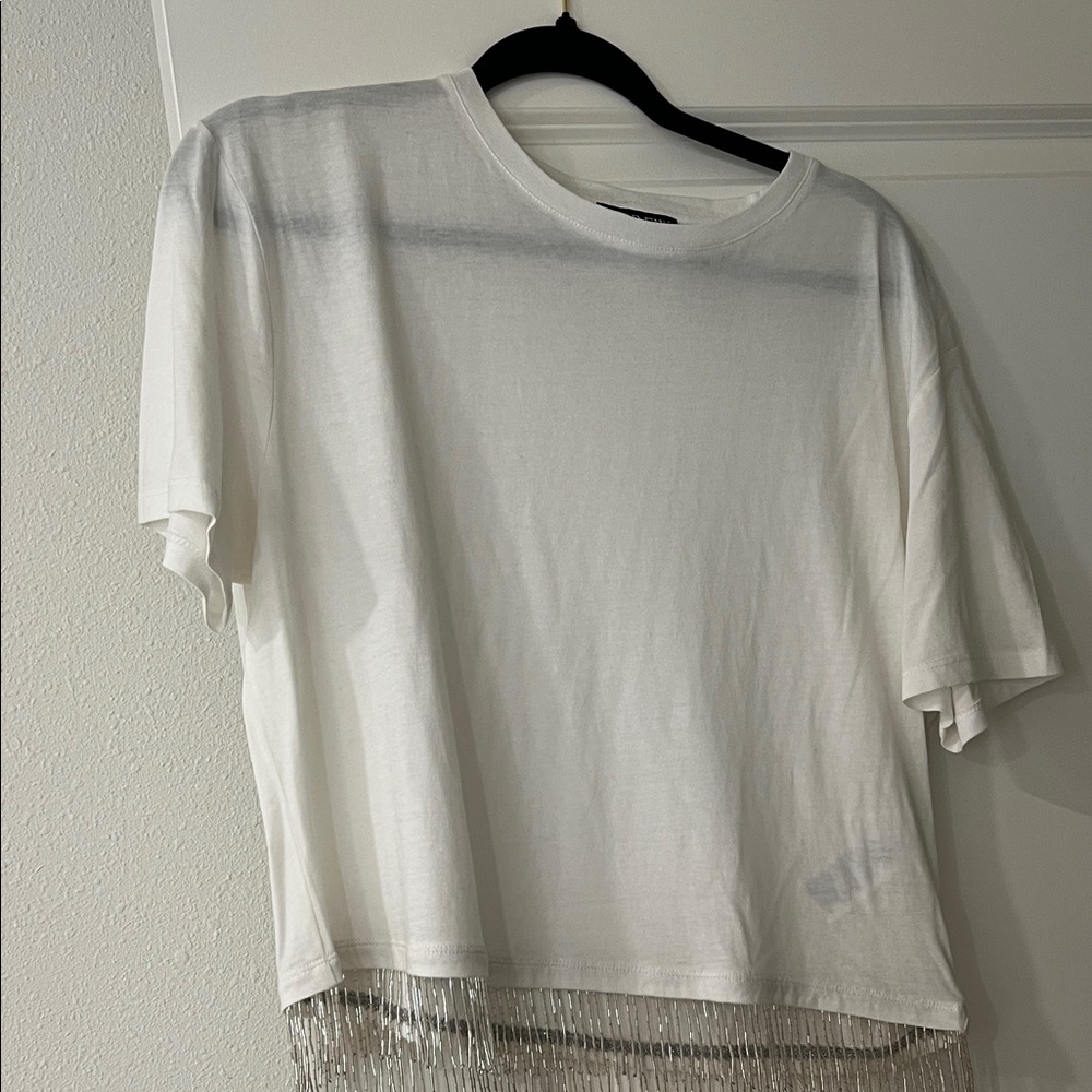 J. Crew White Short Sleeve Top with Beaded Hem